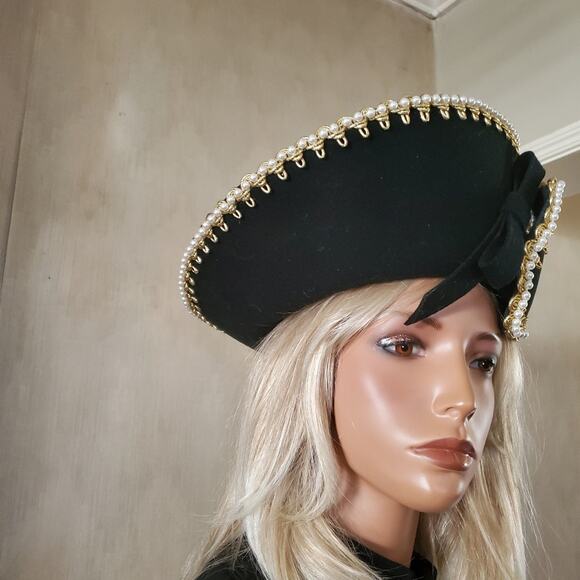 Vintage B Michael Indigo Blue Constructed Hat Gold Cording Pearls Wedding Events main image 5